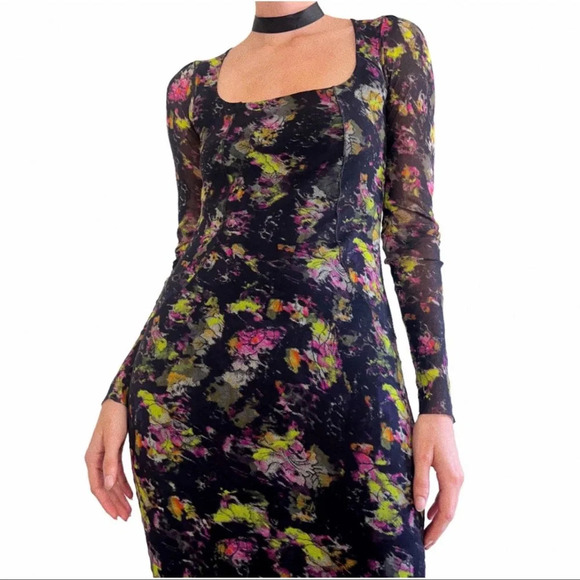 Vintage Jean Paul Gaultier Soleil Mesh Midi Dress, Black Floral, Size Med, NWT - Picture 1 of 7
